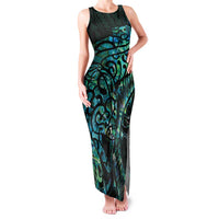 New Zealand Eel Family Matching Tank Maxi Dress and Hawaiian Shirt Tuna Aotearoa Maori With Paua Shell - Turquoise LT14 Mom's Dress Turquoise - Polynesian Pride