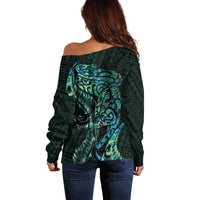 New Zealand Eel Off Shoulder Sweater Tuna Aotearoa Maori With Paua Shell - Turquoise LT14 - Polynesian Pride