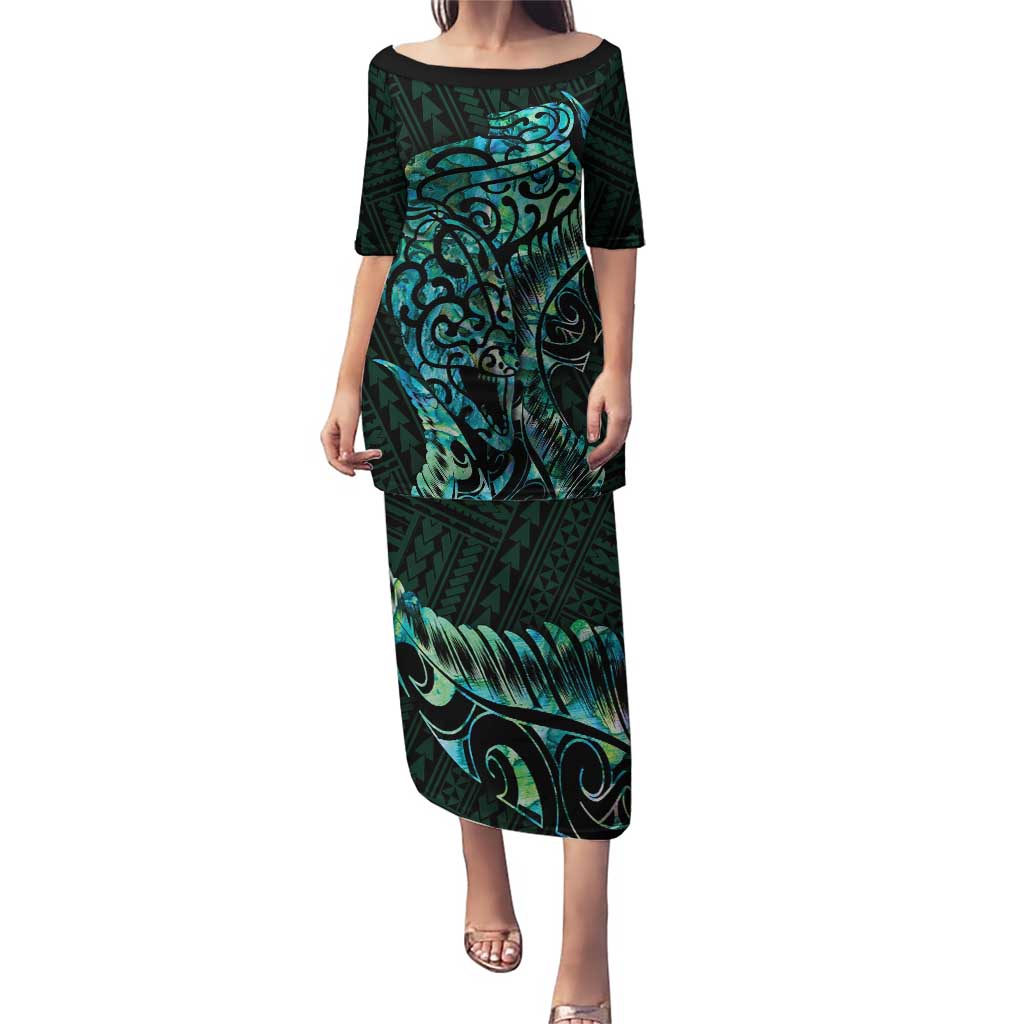 New Zealand Eel Puletasi Tuna Aotearoa Maori With Paua Shell - Turquoise LT14 Long Dress Turquoise - Polynesian Pride