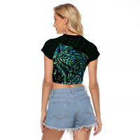 New Zealand Eel Raglan Cropped T Shirt Tuna Aotearoa Maori With Paua Shell - Turquoise