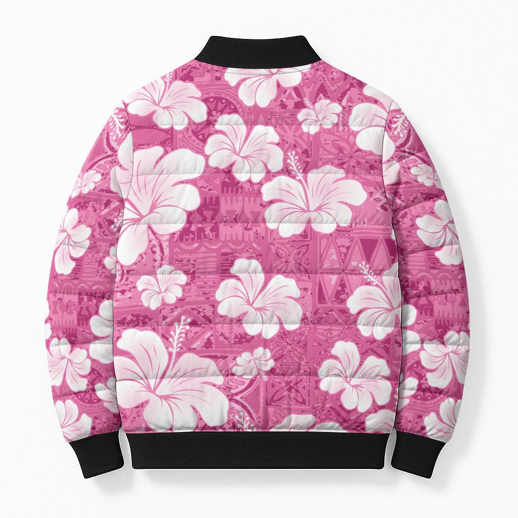 Pink Bula Fiji Masi Hibiscus Seamless Bomber Puffer Jacket