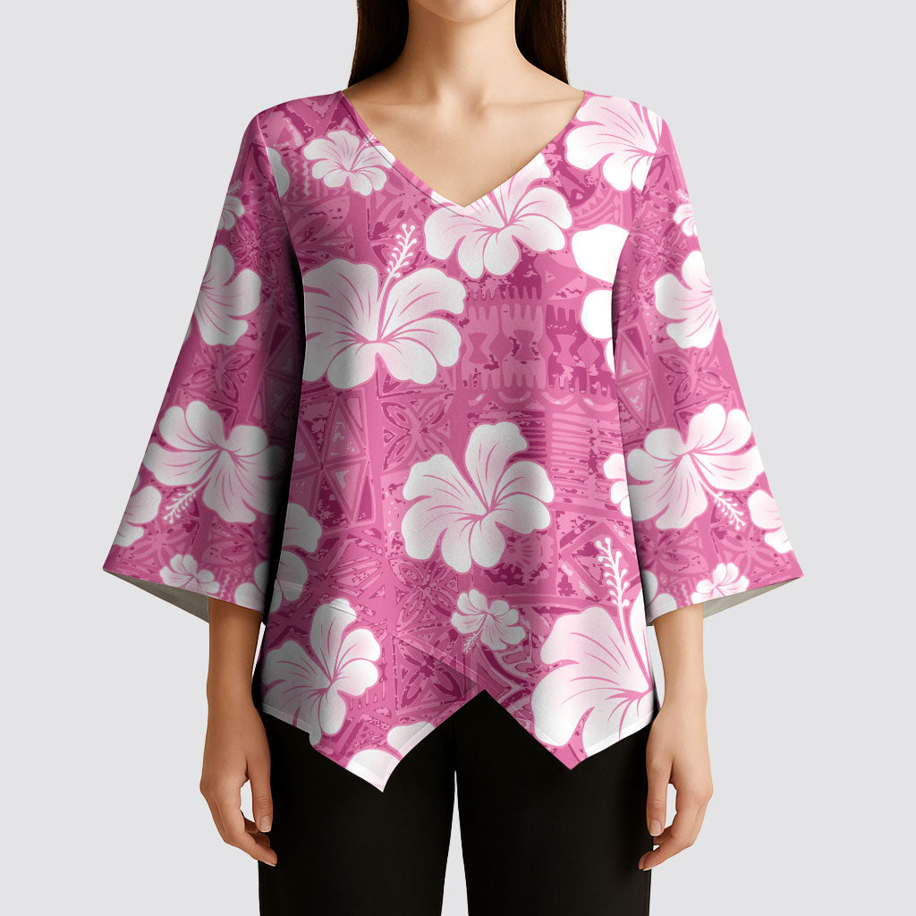Pink Bula Fiji Masi Hibiscus Seamless Kimono Sleeve Blouse