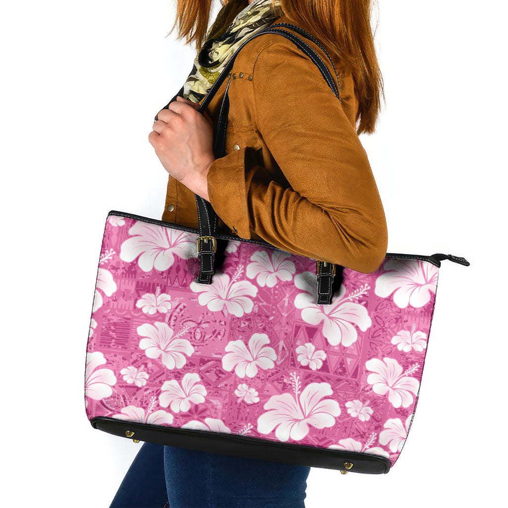 Pink Bula Fiji Masi Hibiscus Seamless Leather Tote Bag