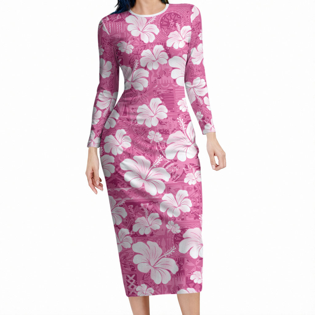 Pink Bula Fiji Masi Hibiscus Seamless Long Sleeve Bodycon Dress