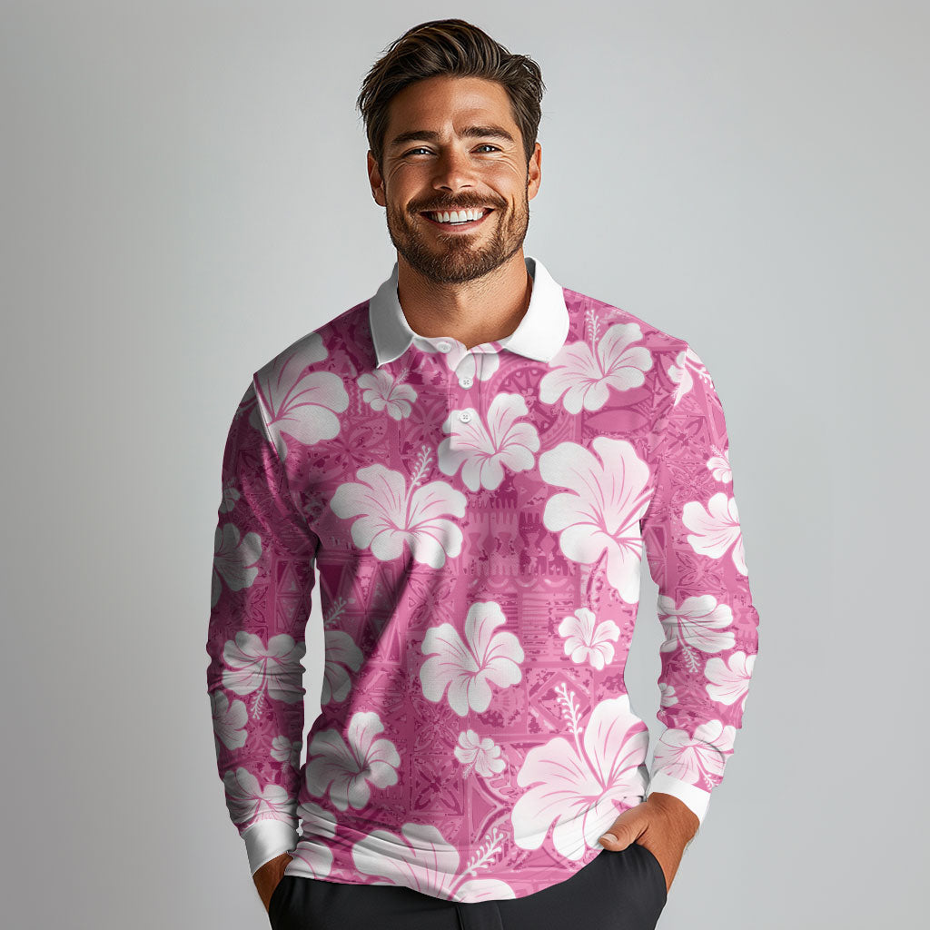 Pink Bula Fiji Masi Hibiscus Seamless Long Sleeve Polo Shirt