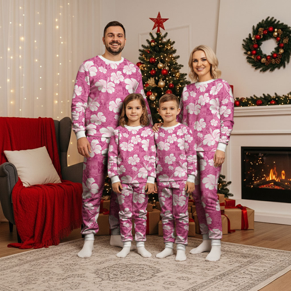 Pink Bula Fiji Masi Hibiscus Seamless Christmas Pajama Set