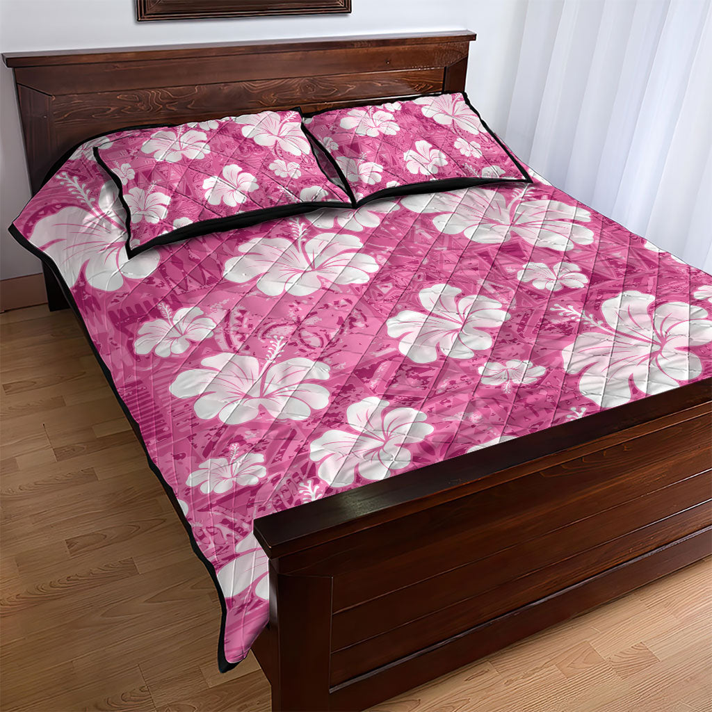 Pink Bula Fiji Masi Hibiscus Seamless Quilt Bed Set