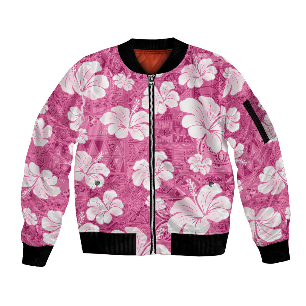 Pink Bula Fiji Masi Hibiscus Seamless Sleeve Zip Bomber Jacket LT14 Unisex Pink - Polynesian Pride