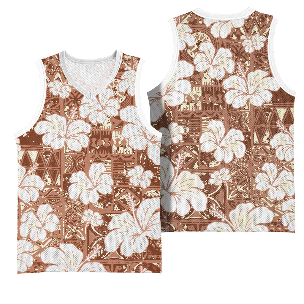Brown Bula Fiji Masi Hibiscus Seamless Basketball Jersey