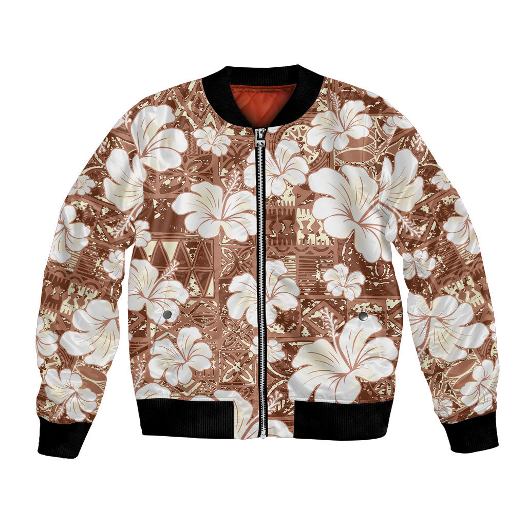 Brown Bula Fiji Masi Hibiscus Seamless Bomber Jacket LT14 Unisex Brown - Polynesian Pride