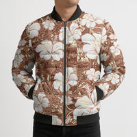 Brown Bula Fiji Masi Hibiscus Seamless Bomber Puffer Jacket