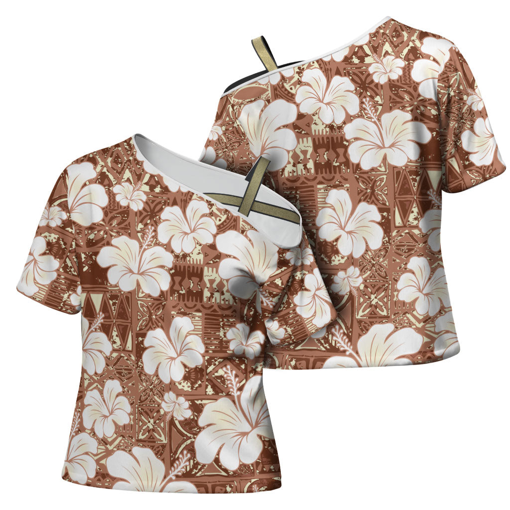 Brown Bula Fiji Masi Hibiscus Seamless Cross Shoulder Shirt