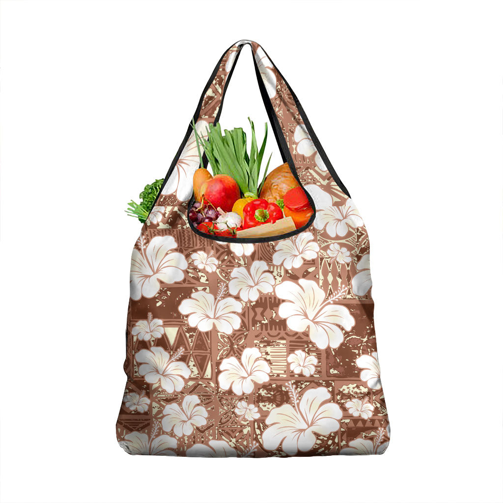 Brown Bula Fiji Masi Hibiscus Seamless Grocery Bag