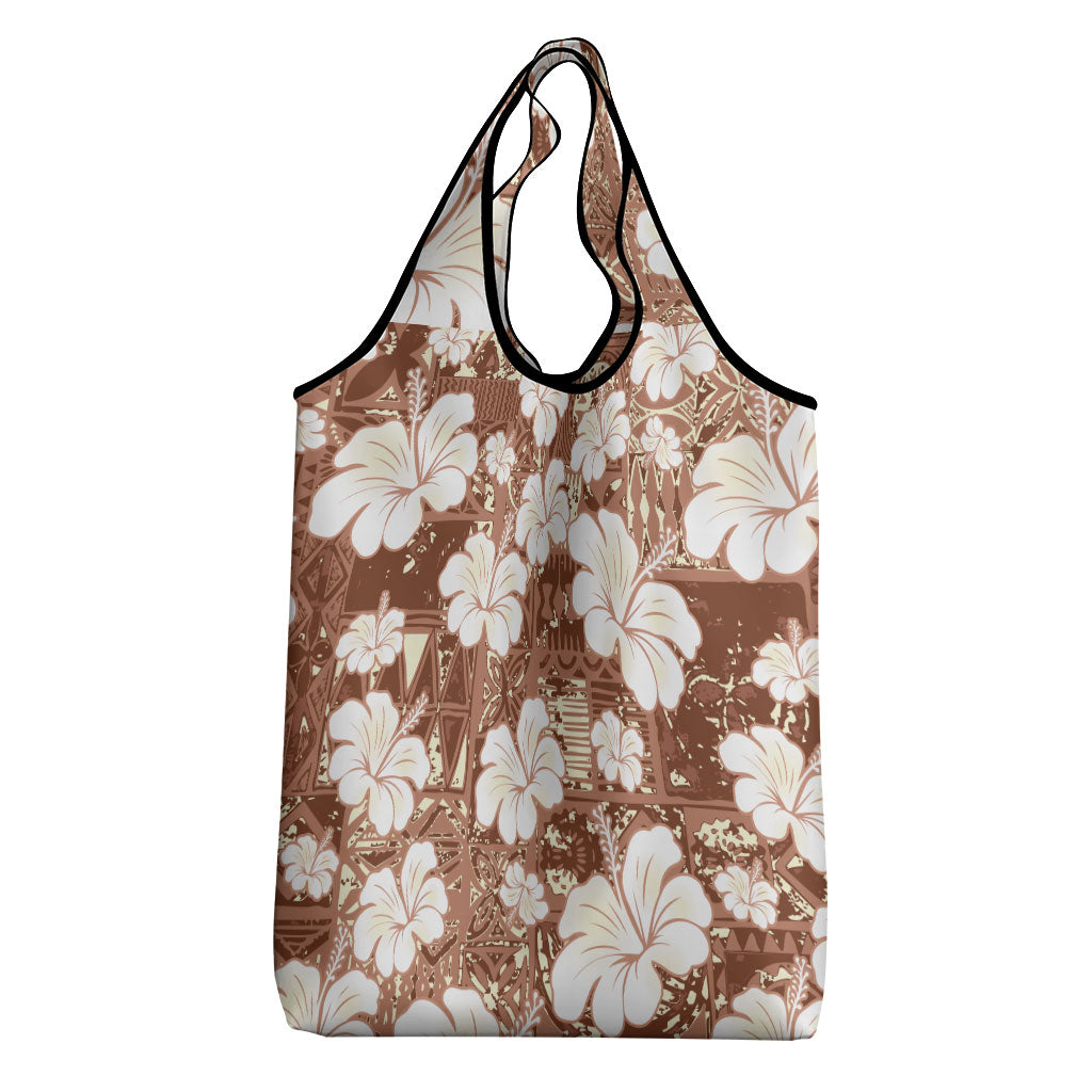 Brown Bula Fiji Masi Hibiscus Seamless Grocery Bag