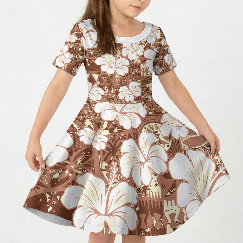 Brown Bula Fiji Masi Hibiscus Seamless Kid Short Sleeve Dress