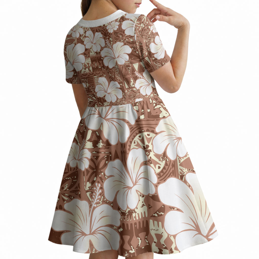Brown Bula Fiji Masi Hibiscus Seamless Kid Short Sleeve Dress