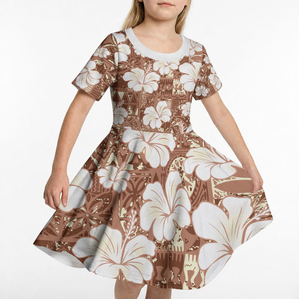 Brown Bula Fiji Masi Hibiscus Seamless Kid Short Sleeve Dress