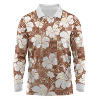 Brown Bula Fiji Masi Hibiscus Seamless Long Sleeve Polo Shirt