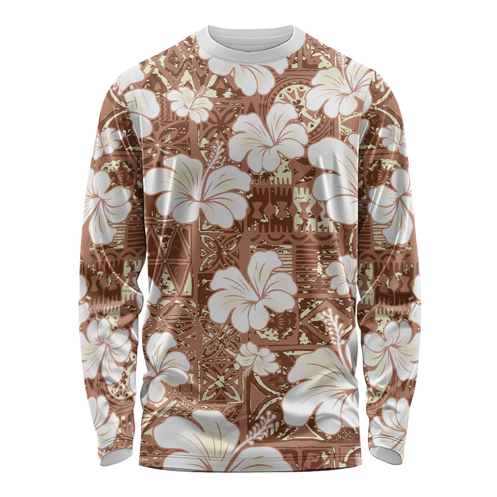 Brown Bula Fiji Masi Hibiscus Seamless Long Sleeve Shirt