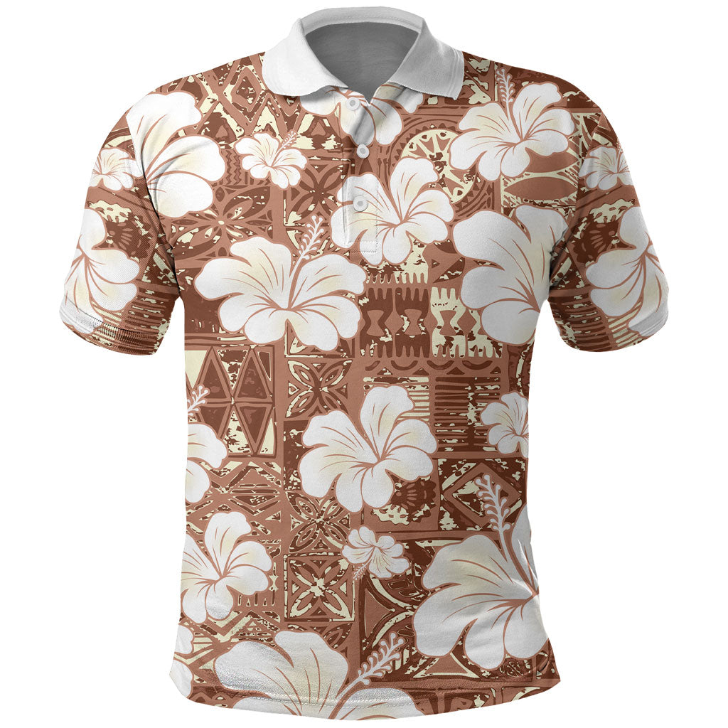 Brown Bula Fiji Masi Hibiscus Seamless Polo Shirt