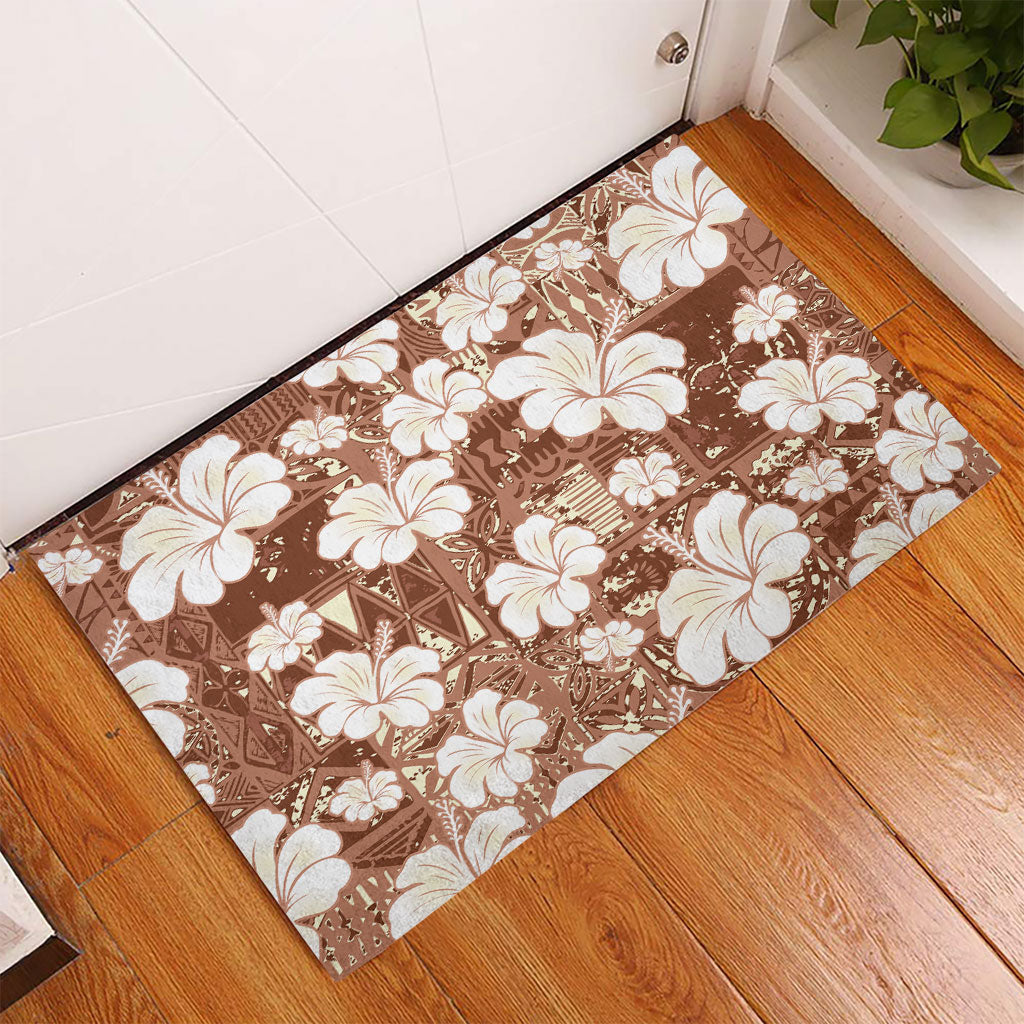 Brown Bula Fiji Masi Hibiscus Seamless Rubber Doormat