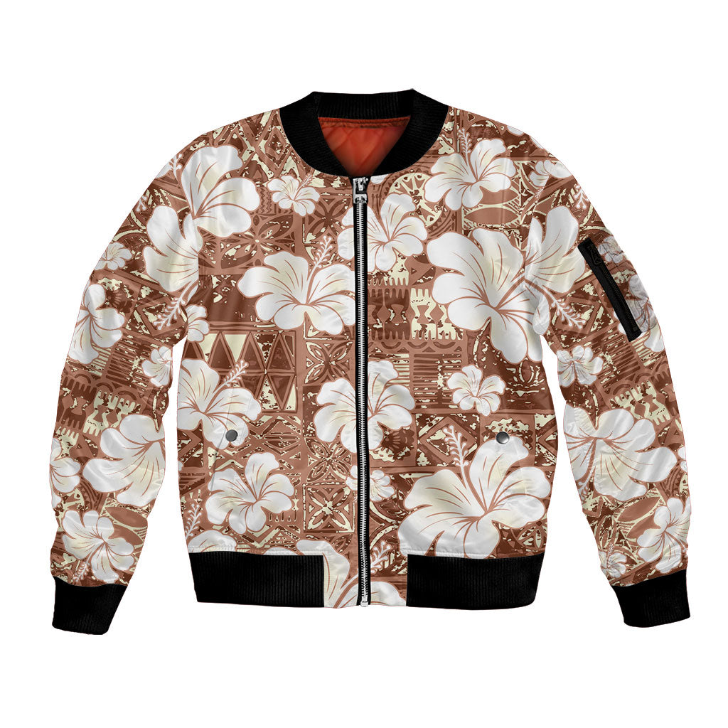 Brown Bula Fiji Masi Hibiscus Seamless Sleeve Zip Bomber Jacket LT14 Unisex Brown - Polynesian Pride