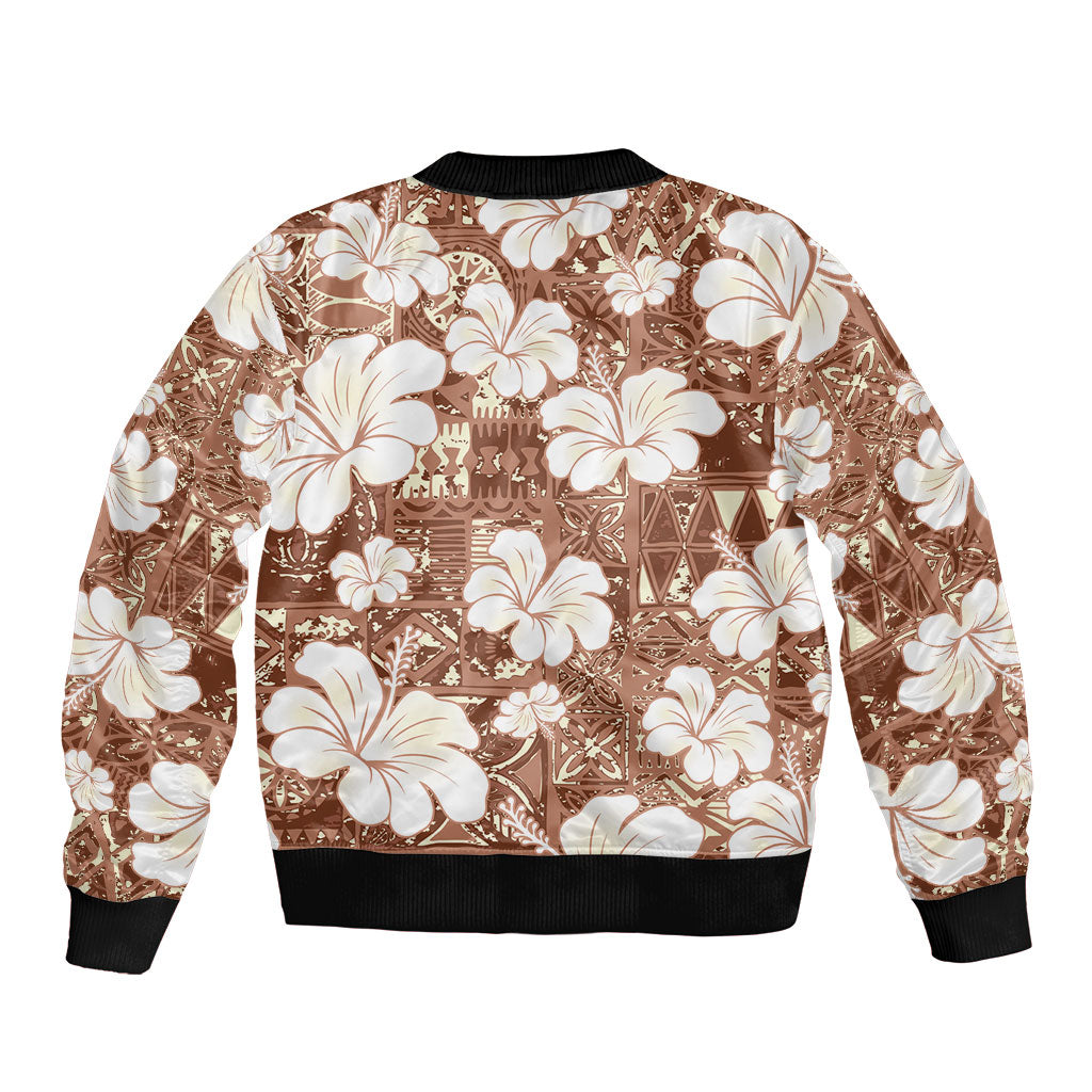 Brown Bula Fiji Masi Hibiscus Seamless Sleeve Zip Bomber Jacket