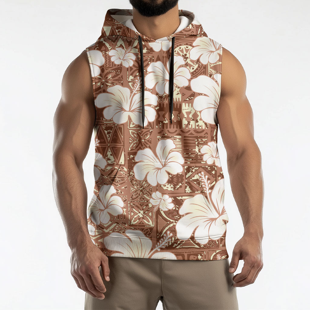 Brown Bula Fiji Masi Hibiscus Seamless Sleeveless Hoodie