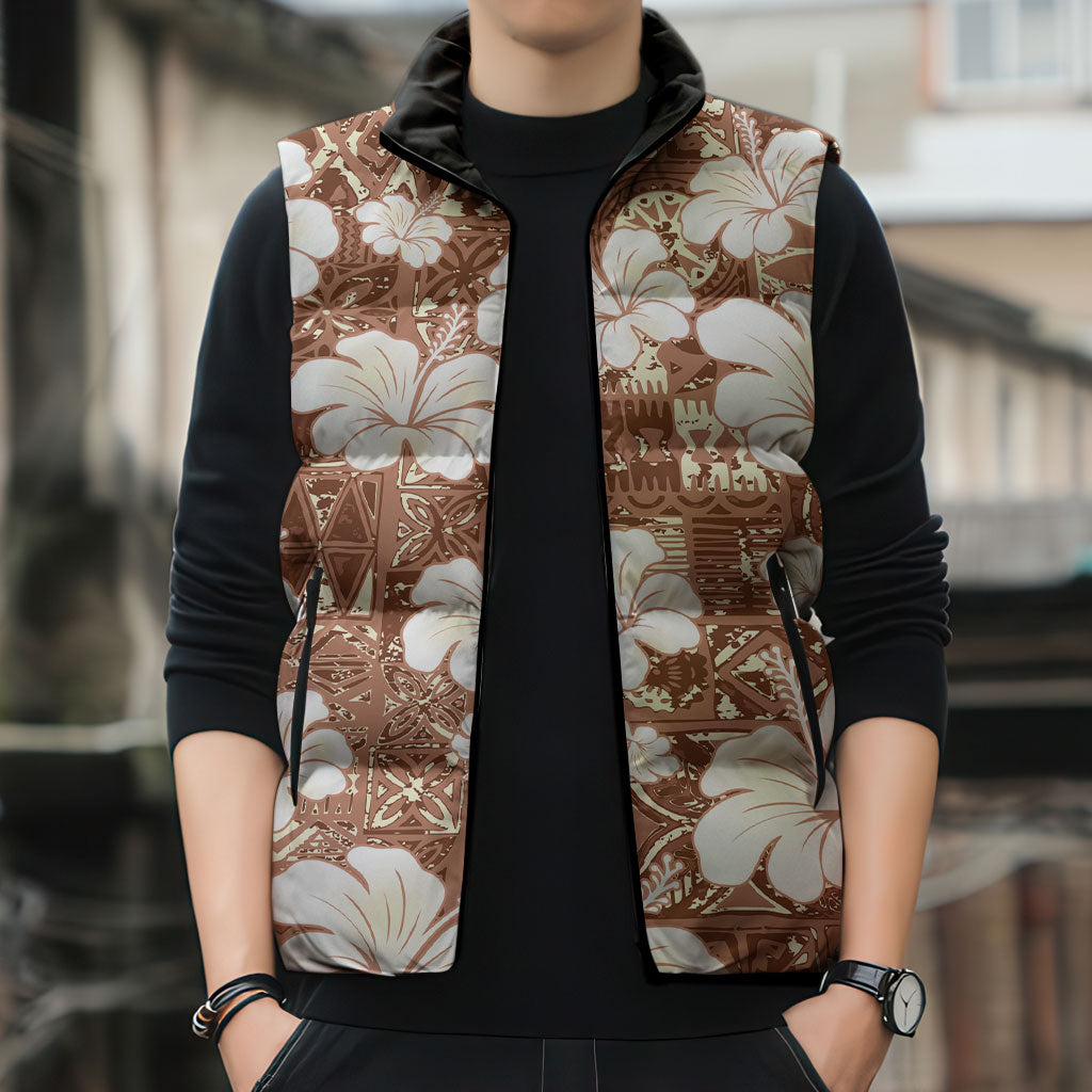 Brown Bula Fiji Masi Hibiscus Seamless Sleeveless Puffer Jacket