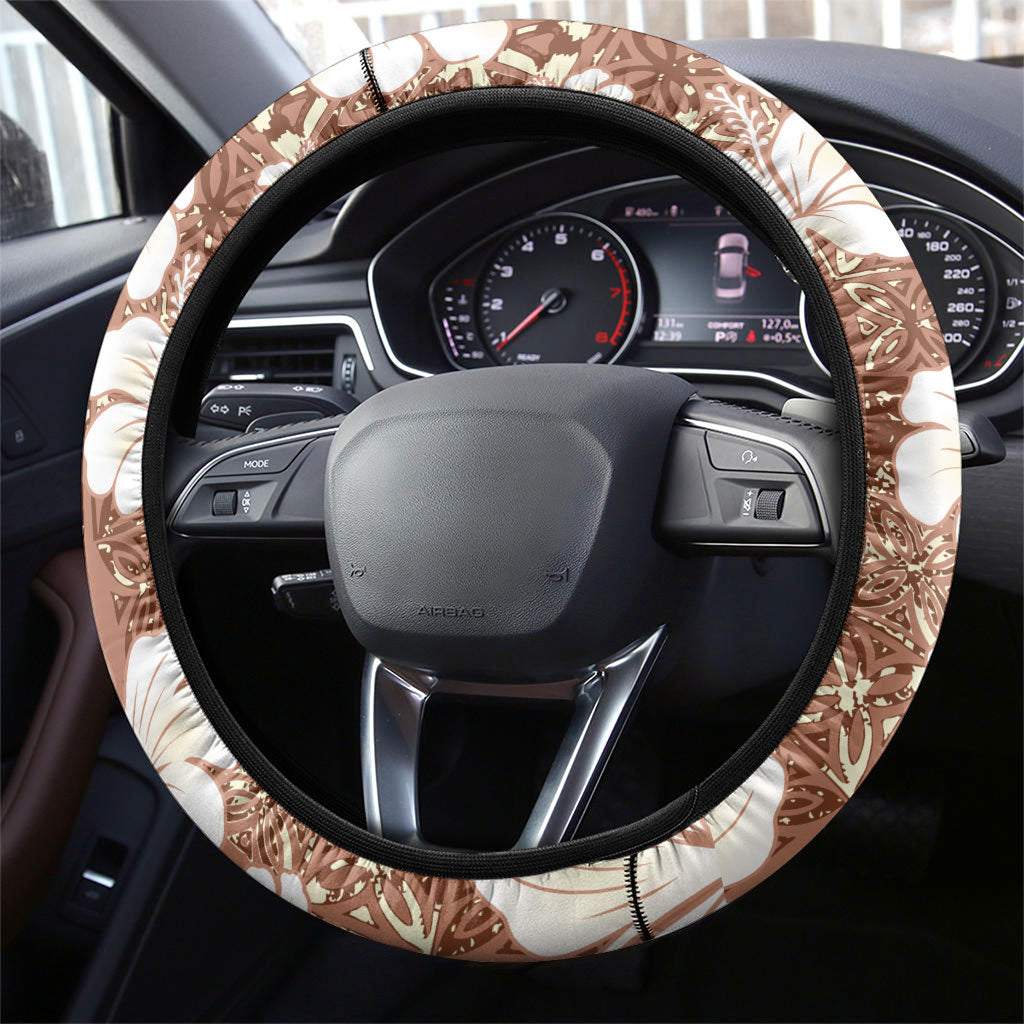 Brown Bula Fiji Masi Hibiscus Seamless Steering Wheel Cover