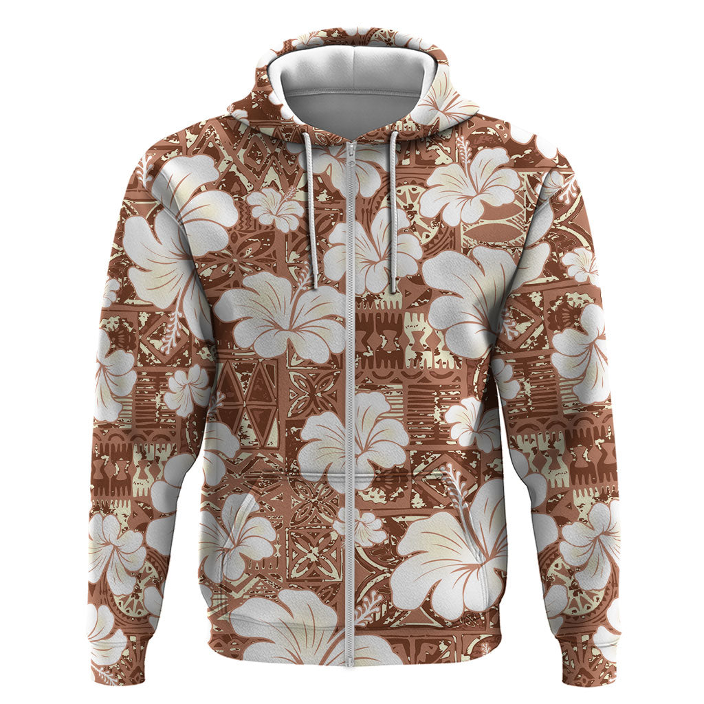 Brown Bula Fiji Masi Hibiscus Seamless Zip Hoodie