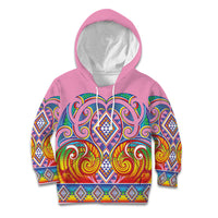 Rainbow Ngaru Taniko With Aotearoa Maori Tattoo Kid Hoodie LT14 Hoodie Pink - Polynesian Pride