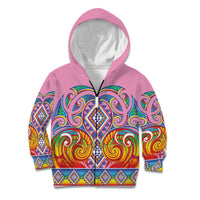 Rainbow Ngaru Taniko With Aotearoa Maori Tattoo Kid Hoodie LT14 Zip Hoodie Pink - Polynesian Pride