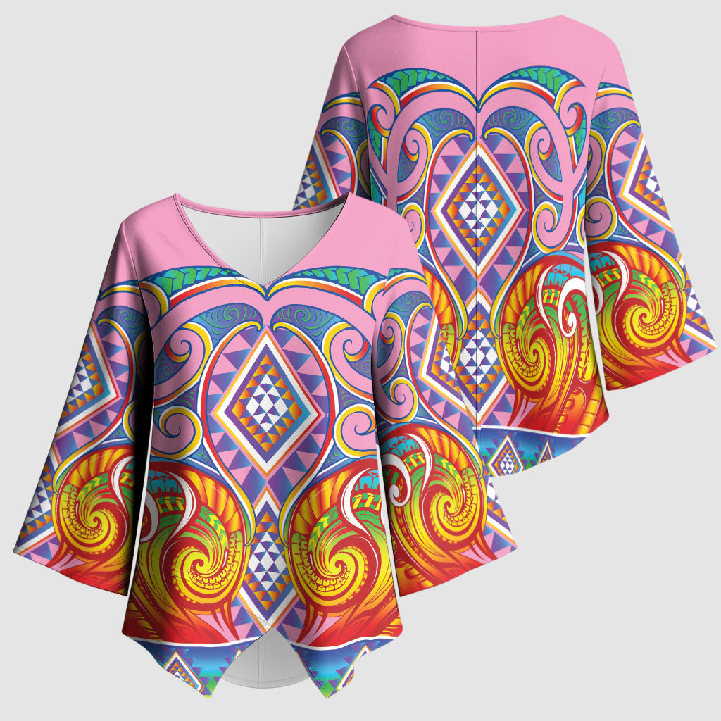 Rainbow Ngaru Taniko With Aotearoa Maori Tattoo Kimono Sleeve Blouse
