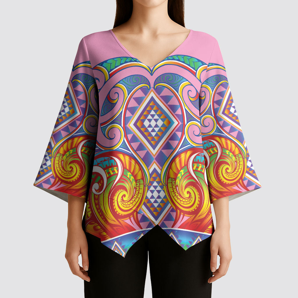 Rainbow Ngaru Taniko With Aotearoa Maori Tattoo Kimono Sleeve Blouse