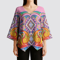 Rainbow Ngaru Taniko With Aotearoa Maori Tattoo Kimono Sleeve Blouse