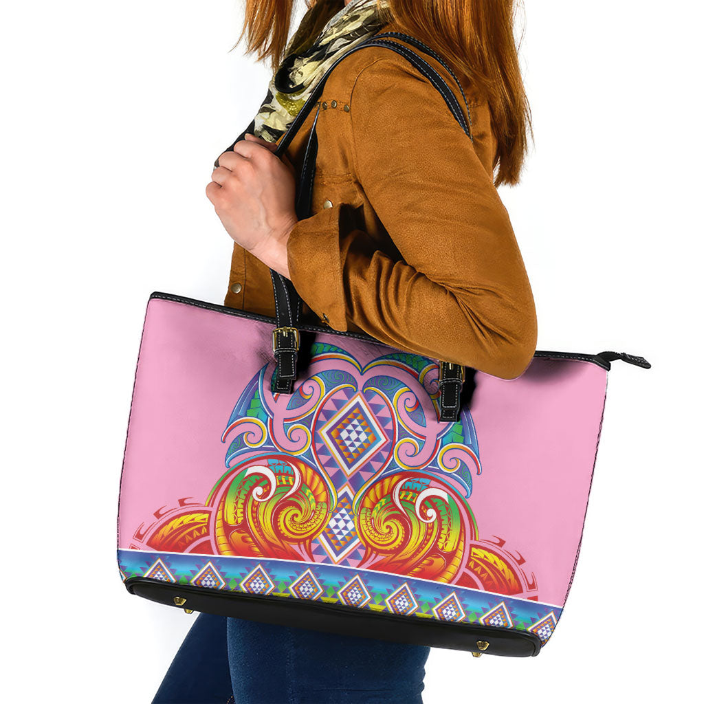 Rainbow Ngaru Taniko With Aotearoa Maori Tattoo Leather Tote Bag