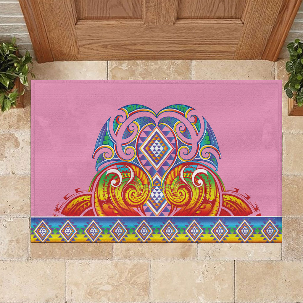 Rainbow Ngaru Taniko With Aotearoa Maori Tattoo Rubber Doormat