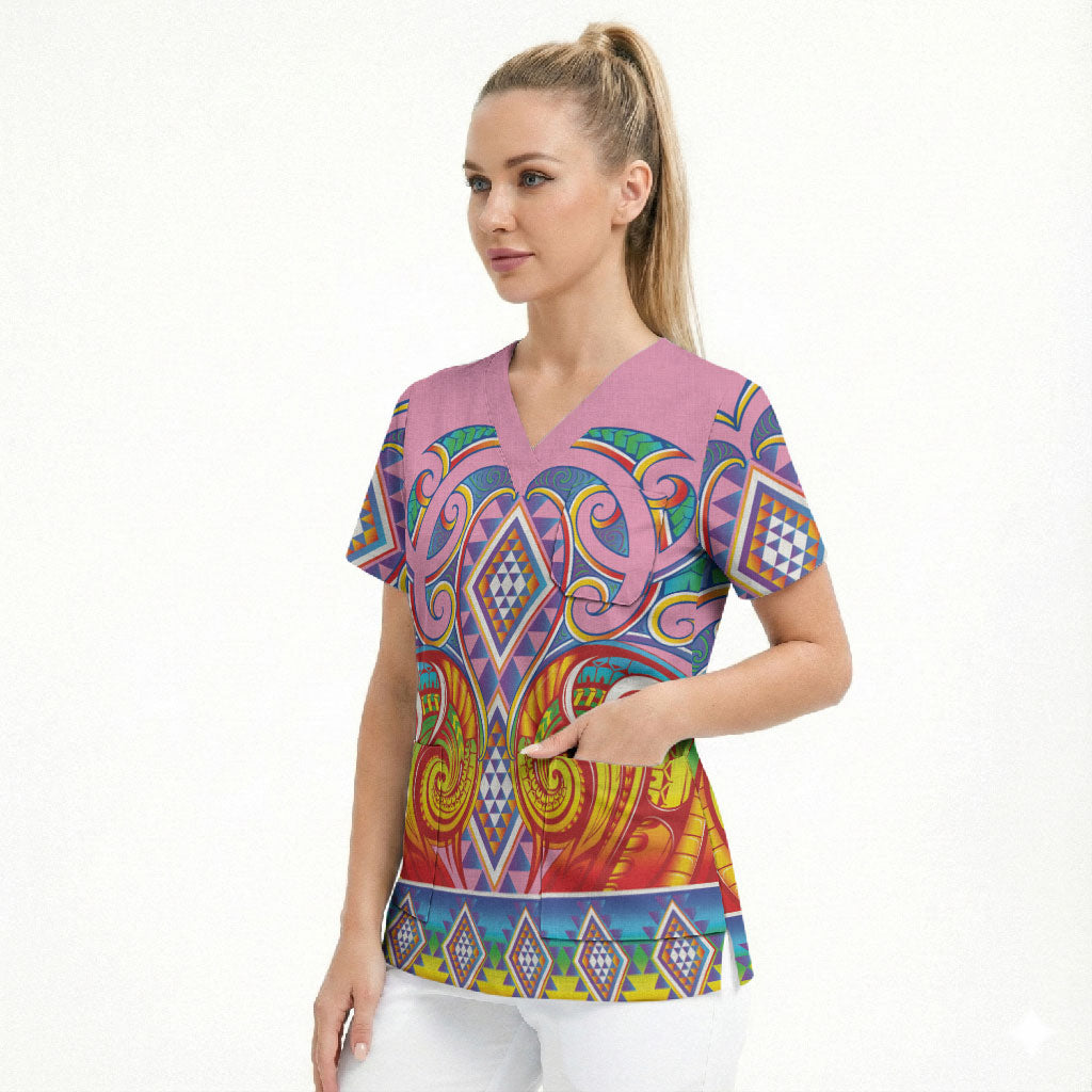 Rainbow Ngaru Taniko With Aotearoa Maori Tattoo Scrub Top