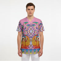 Rainbow Ngaru Taniko With Aotearoa Maori Tattoo Scrub Top