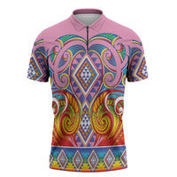 Rainbow Ngaru Taniko With Aotearoa Maori Tattoo Zipper Polo Shirt LT14 Pink - Polynesian Pride