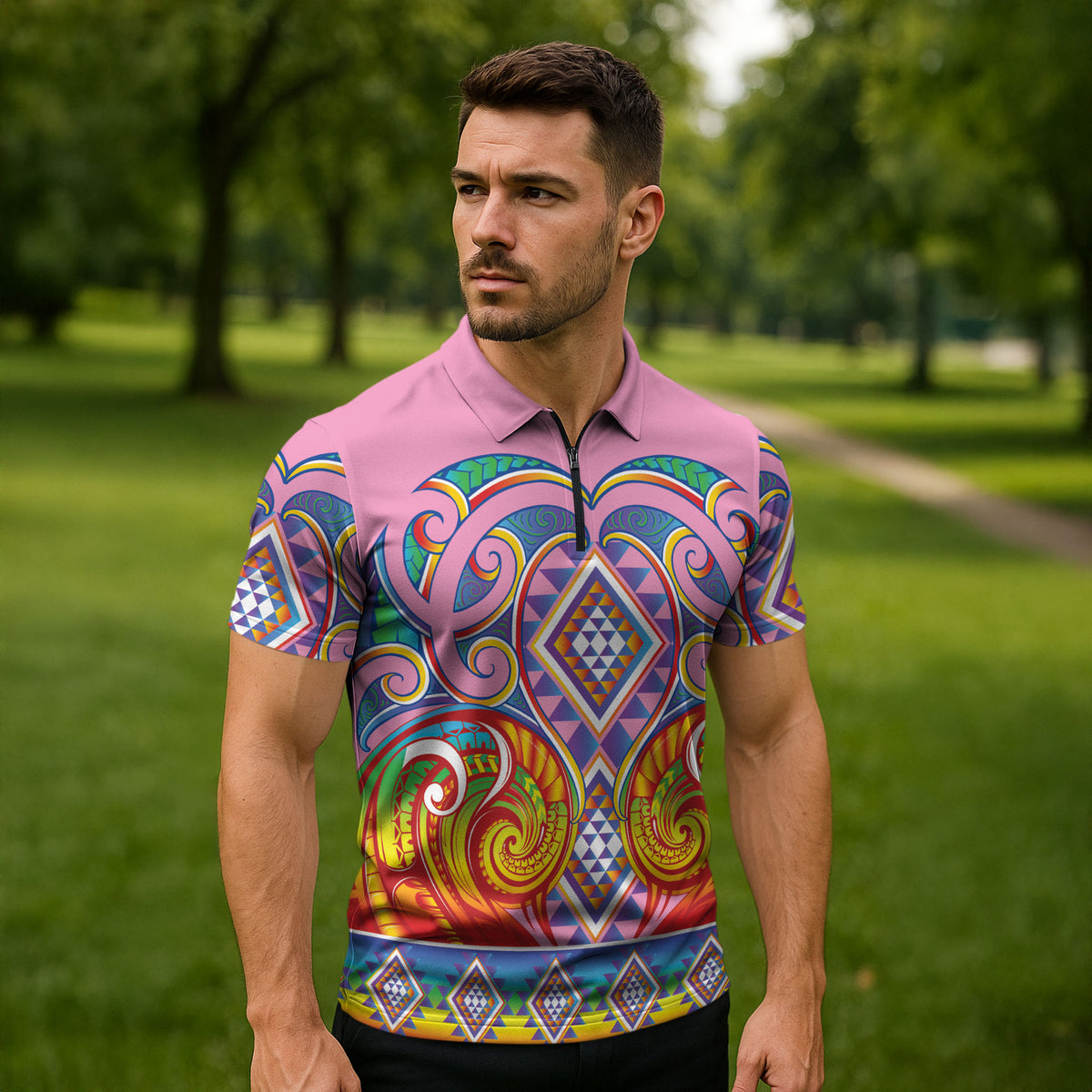 Rainbow Ngaru Taniko With Aotearoa Maori Tattoo Zipper Polo Shirt LT14 - Polynesian Pride
