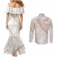 Polynesia Couples Matching Mermaid Dress and Long Sleeve Button Shirts Polynesian Tropical Flowers Beige Pastel Vibes LT14 - Polynesian Pride