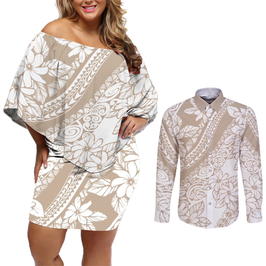Polynesia Couples Matching Off Shoulder Short Dress and Long Sleeve Button Shirts Polynesian Tropical Flowers Beige Pastel Vibes LT14 Beige - Polynesian Pride