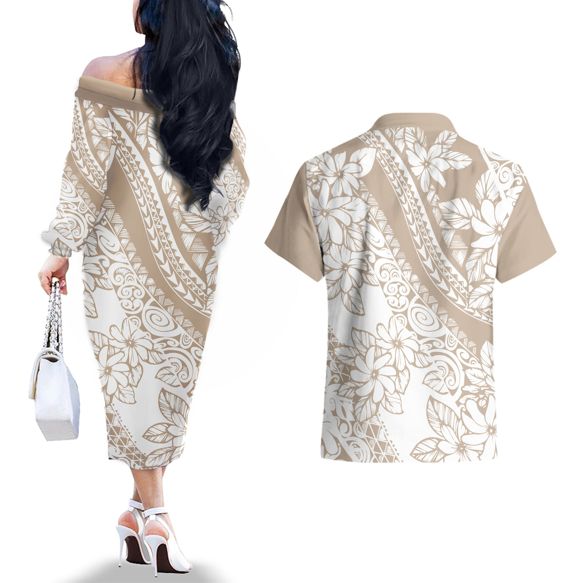 Polynesia Couples Matching Off The Shoulder Long Sleeve Dress and Hawaiian Shirt Polynesian Tropical Flowers Beige Pastel Vibes LT14 - Polynesian Pride