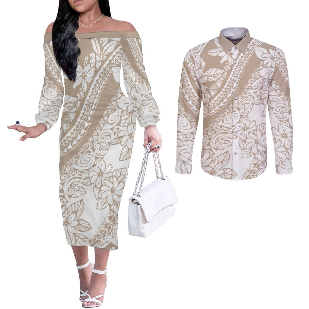 Polynesia Couples Matching Off The Shoulder Long Sleeve Dress and Long Sleeve Button Shirts Polynesian Tropical Flowers Beige Pastel Vibes LT14 Beige - Polynesian Pride