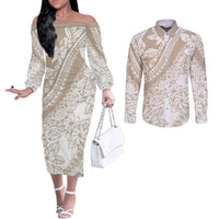 Polynesia Couples Matching Off The Shoulder Long Sleeve Dress and Long Sleeve Button Shirts Polynesian Tropical Flowers Beige Pastel Vibes LT14 Beige - Polynesian Pride