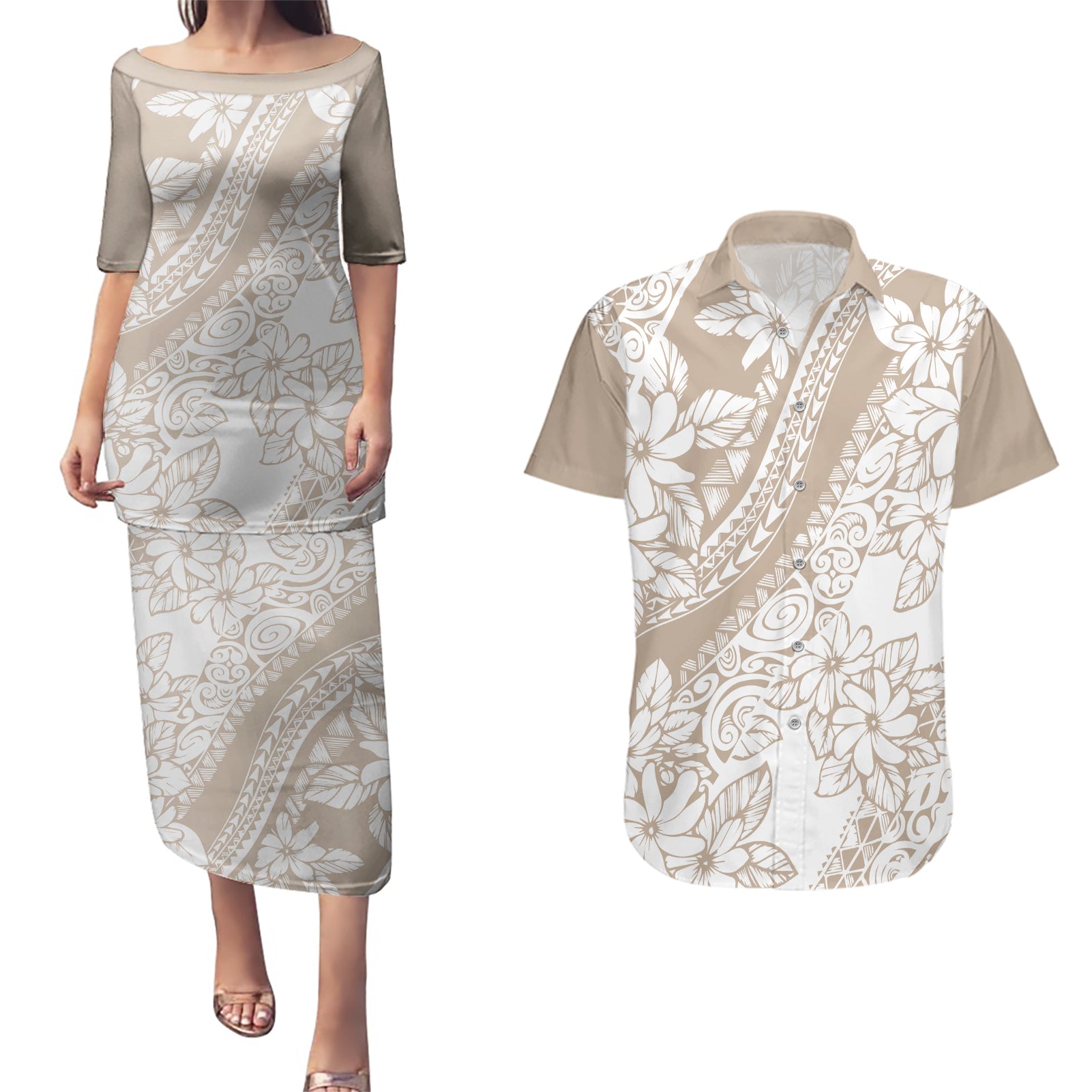 Polynesia Couples Matching Puletasi Dress and Hawaiian Shirt Polynesian Tropical Flowers Beige Pastel Vibes LT14 Beige - Polynesian Pride