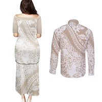 Polynesia Couples Matching Puletasi Dress and Long Sleeve Button Shirts Polynesian Tropical Flowers Beige Pastel Vibes LT14 - Polynesian Pride