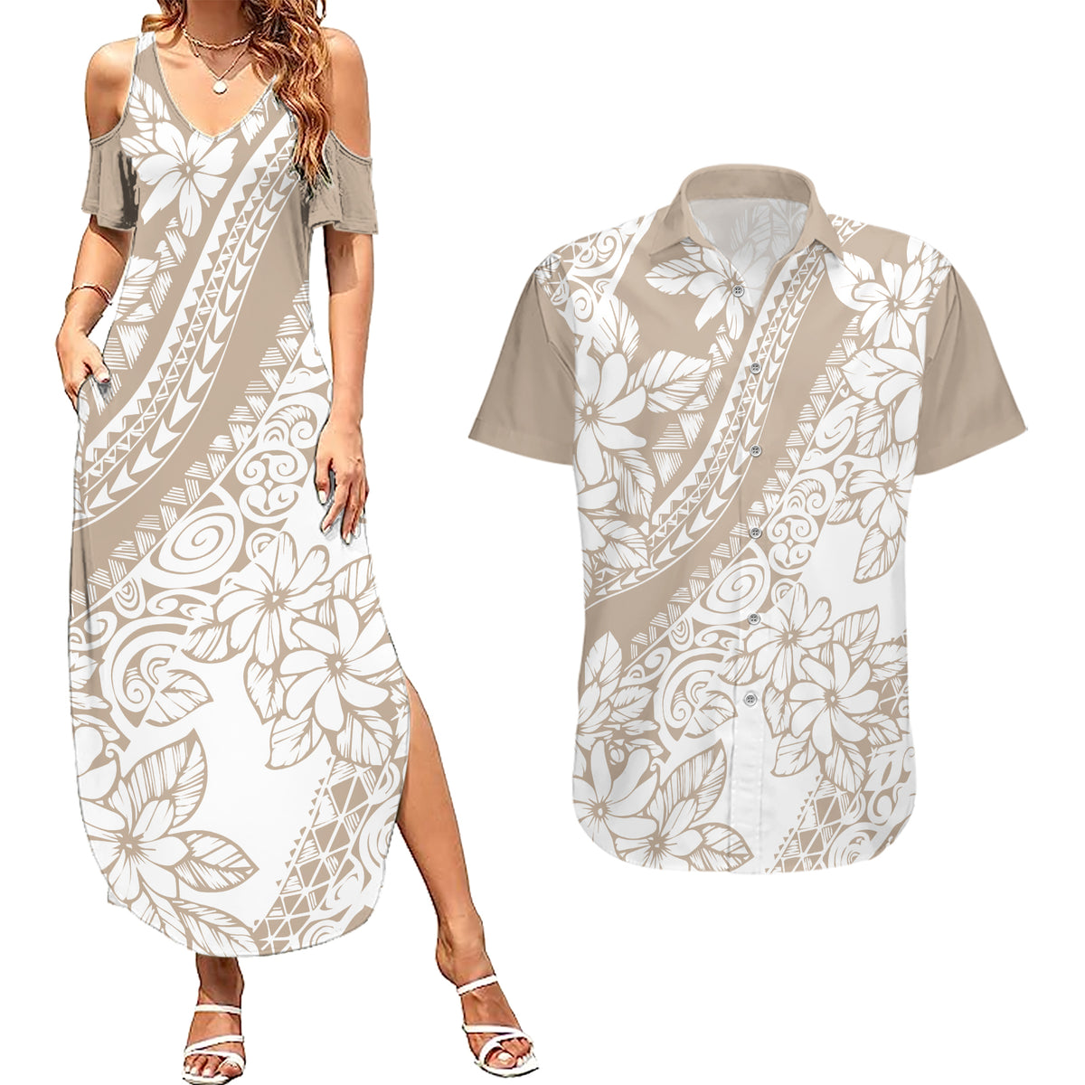 Polynesia Couples Matching Summer Maxi Dress and Hawaiian Shirt Polynesian Tropical Flowers Beige Pastel Vibes LT14 Beige - Polynesian Pride